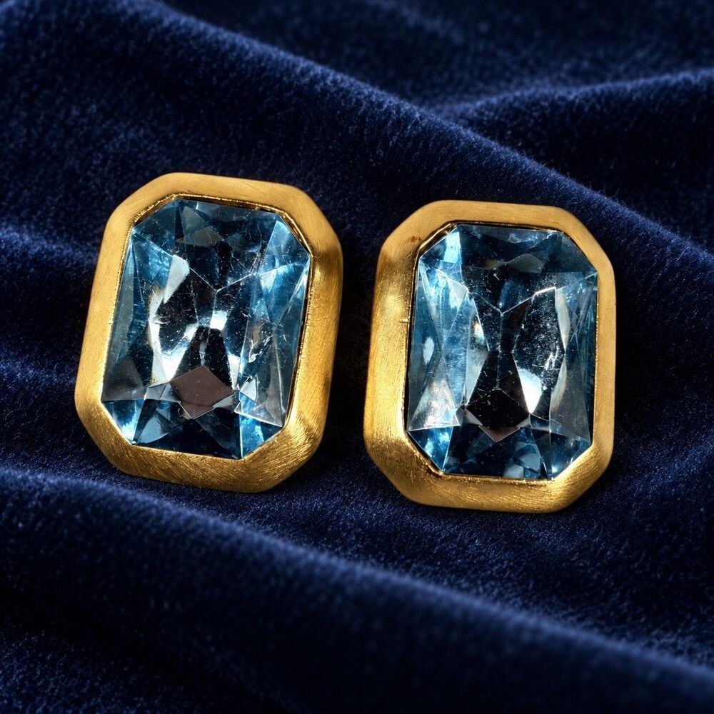 Vintage Blue Faceted Rhinestone Pierced Earrings Gold Tone Statement 1980s